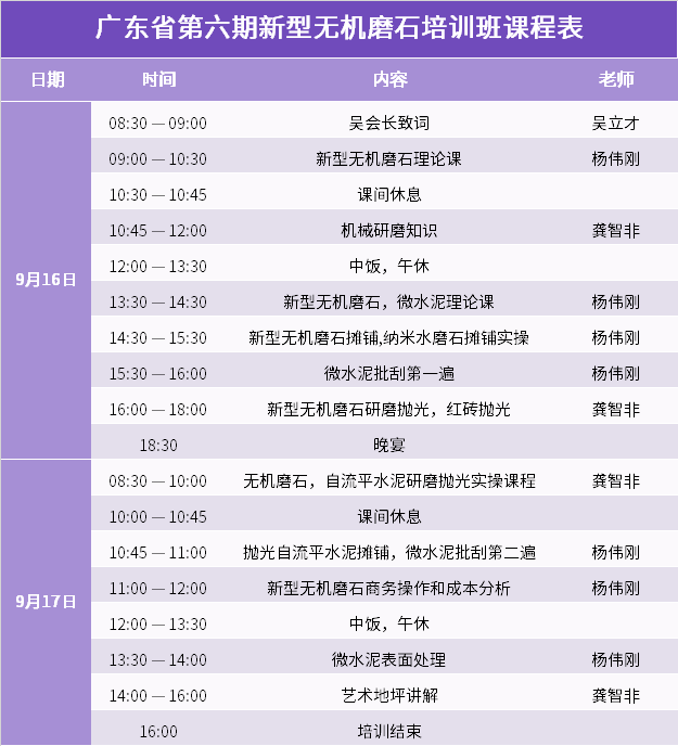 廣東省第六期新型無(wú)機(jī)磨石培訓(xùn)班課程表 廣東省第六期新型無(wú)機(jī)磨石培訓(xùn)班課程表